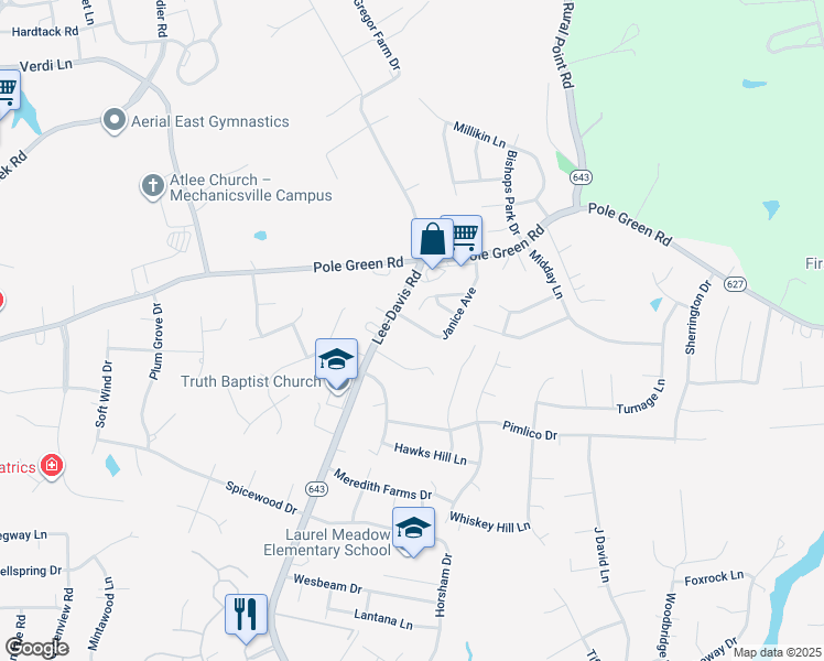 map of restaurants, bars, coffee shops, grocery stores, and more near 8118 Janice Avenue in Mechanicsville