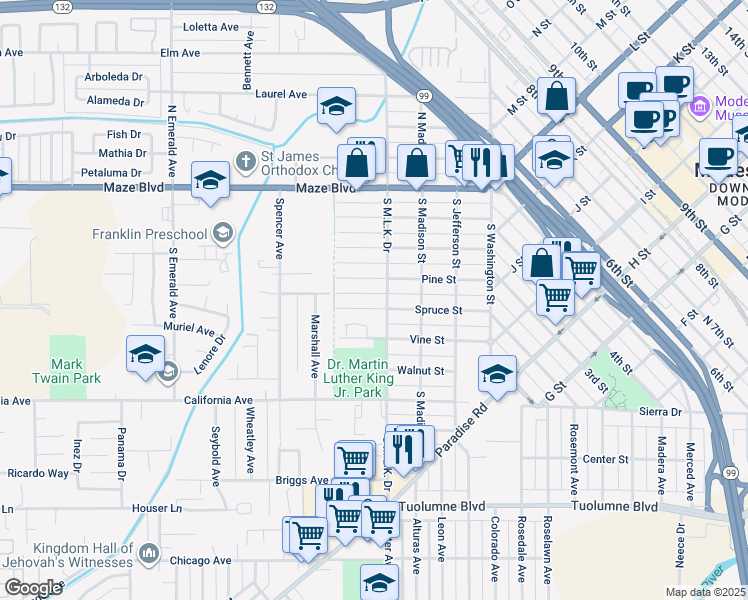 map of restaurants, bars, coffee shops, grocery stores, and more near 408 Spruce Street in Modesto