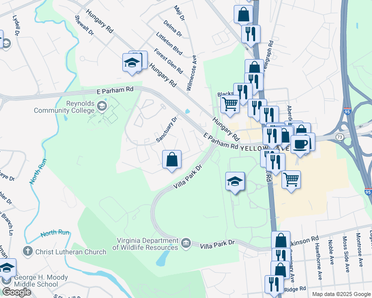 map of restaurants, bars, coffee shops, grocery stores, and more near 1502 Front Royal Drive in Richmond