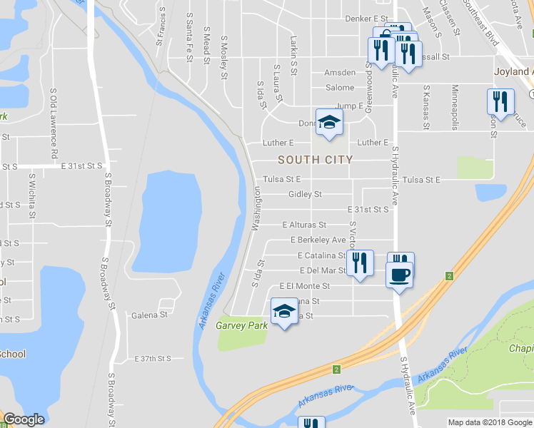 map of restaurants, bars, coffee shops, grocery stores, and more near 1105 East 31st Street South in Wichita