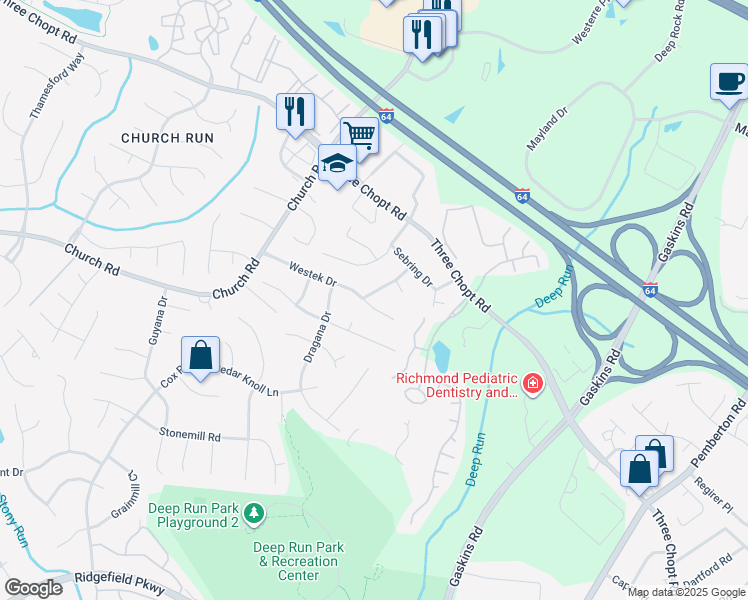 map of restaurants, bars, coffee shops, grocery stores, and more near 10808 Westek Drive in Richmond