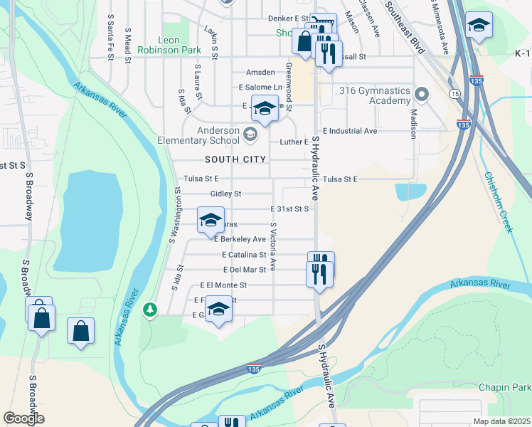 map of restaurants, bars, coffee shops, grocery stores, and more near 1415 East 31st Street South in Wichita