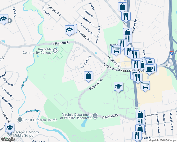 map of restaurants, bars, coffee shops, grocery stores, and more near 1500 Stony Force Drive in Richmond