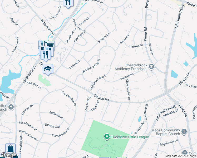 map of restaurants, bars, coffee shops, grocery stores, and more near 2823 Waterford Way East in Richmond