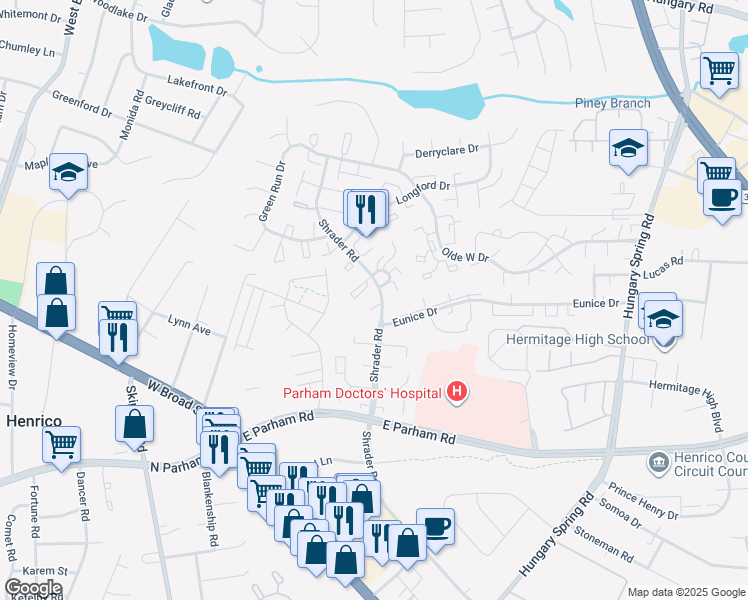 map of restaurants, bars, coffee shops, grocery stores, and more near 8403 Shannon Green Court in Richmond