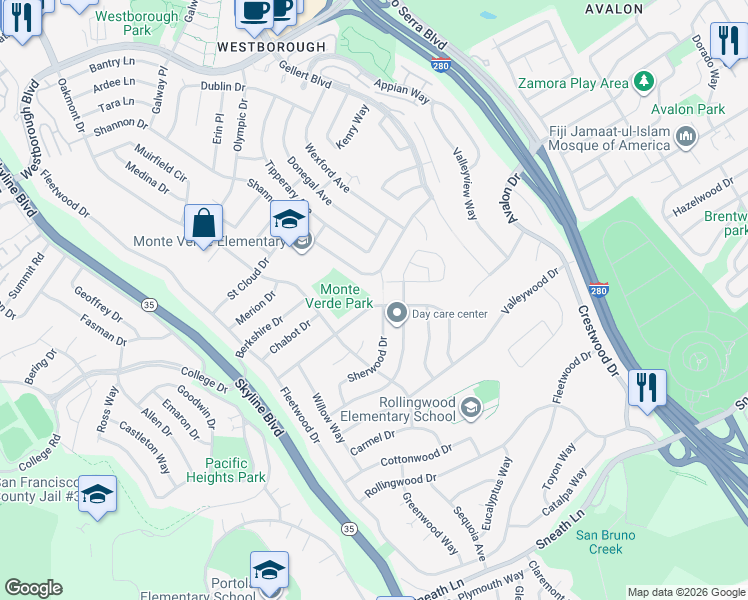 map of restaurants, bars, coffee shops, grocery stores, and more near 2490 Evergreen Drive in San Bruno