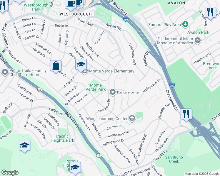 map of restaurants, bars, coffee shops, grocery stores, and more near 2490 Evergreen Drive in San Bruno