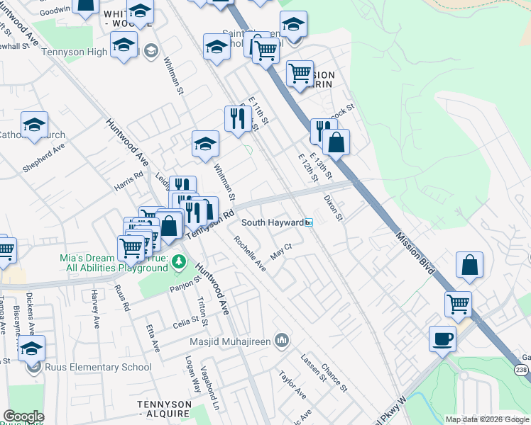 map of restaurants, bars, coffee shops, grocery stores, and more near 28250 Pacific Street in Hayward