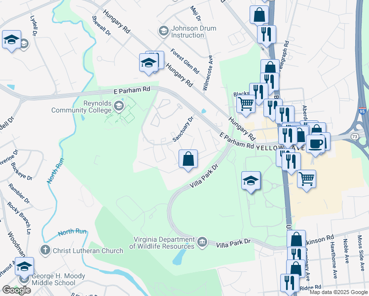map of restaurants, bars, coffee shops, grocery stores, and more near 1505 Honor Drive in Richmond
