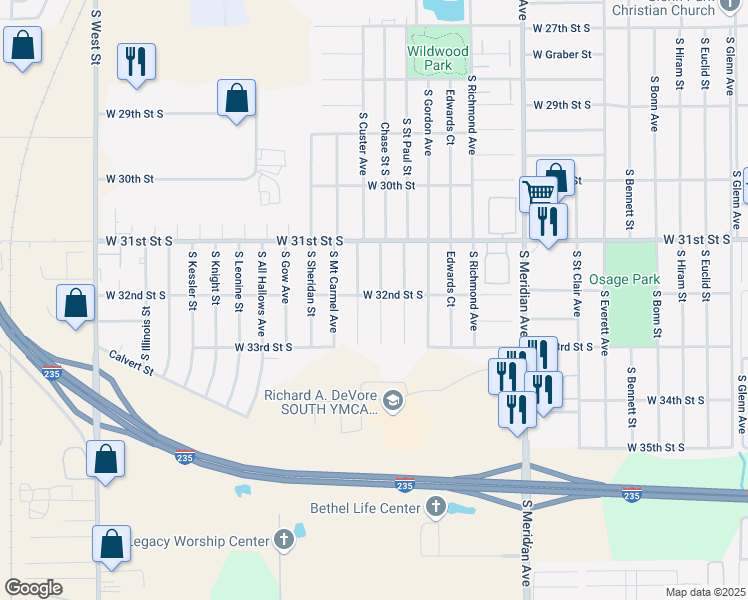 map of restaurants, bars, coffee shops, grocery stores, and more near 3001-3099 West 32nd Street South in Wichita