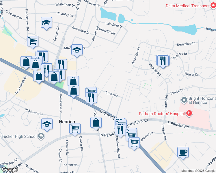 map of restaurants, bars, coffee shops, grocery stores, and more near 2605 North Skipwith Road in Richmond