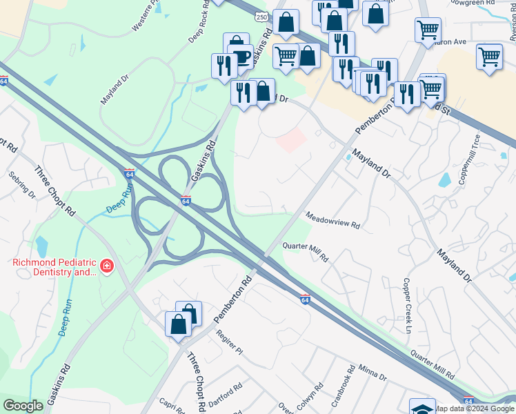 map of restaurants, bars, coffee shops, grocery stores, and more near 3325 Pemberton Creek Court in Henrico