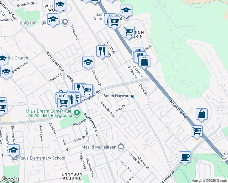 map of restaurants, bars, coffee shops, grocery stores, and more near 28250 Pacific Street in Hayward