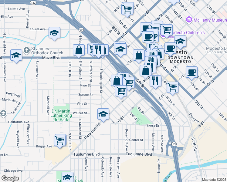 map of restaurants, bars, coffee shops, grocery stores, and more near 301 I Street in Modesto