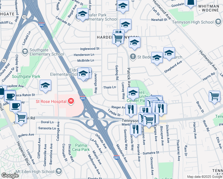 map of restaurants, bars, coffee shops, grocery stores, and more near 1338 Thais Lane in Hayward