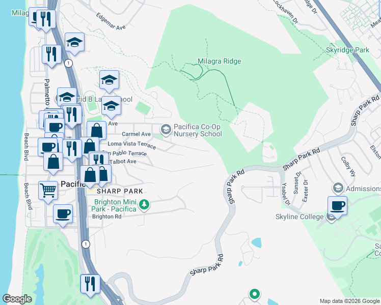 map of restaurants, bars, coffee shops, grocery stores, and more near 640 Canyon Drive in Pacifica