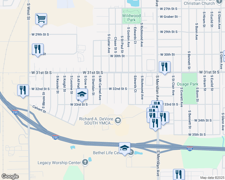 map of restaurants, bars, coffee shops, grocery stores, and more near 3001-3099 West 32nd Street South in Wichita