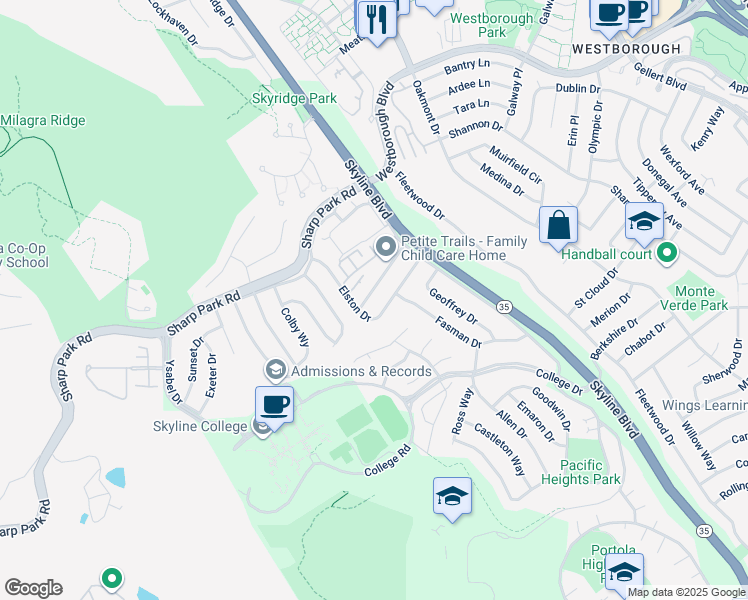 map of restaurants, bars, coffee shops, grocery stores, and more near 3151 Summit Road in San Bruno