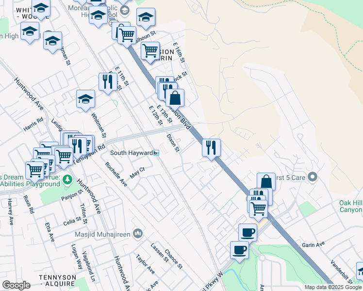 map of restaurants, bars, coffee shops, grocery stores, and more near 28680 Cork Oak Lane in Hayward