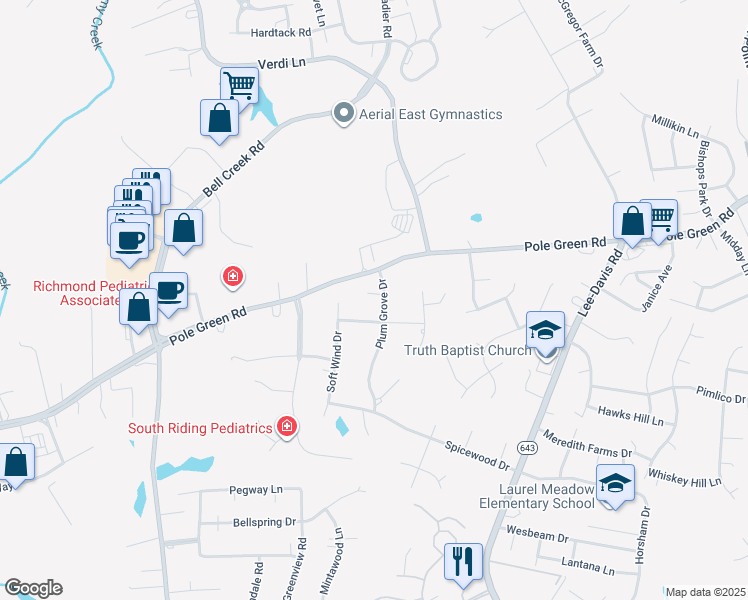 map of restaurants, bars, coffee shops, grocery stores, and more near 7163 Plum Grove Court in Mechanicsville