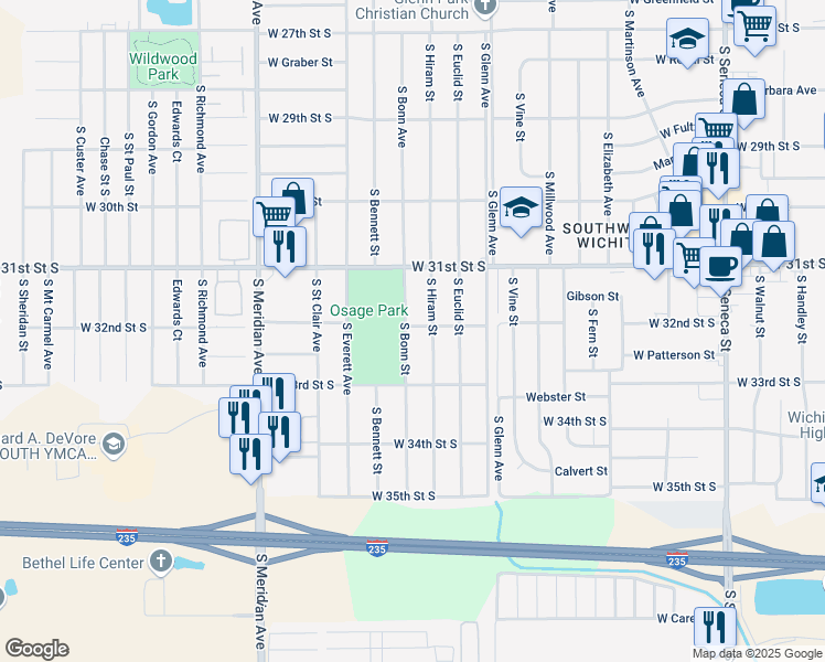 map of restaurants, bars, coffee shops, grocery stores, and more near 3304 South Bonn Street in Wichita