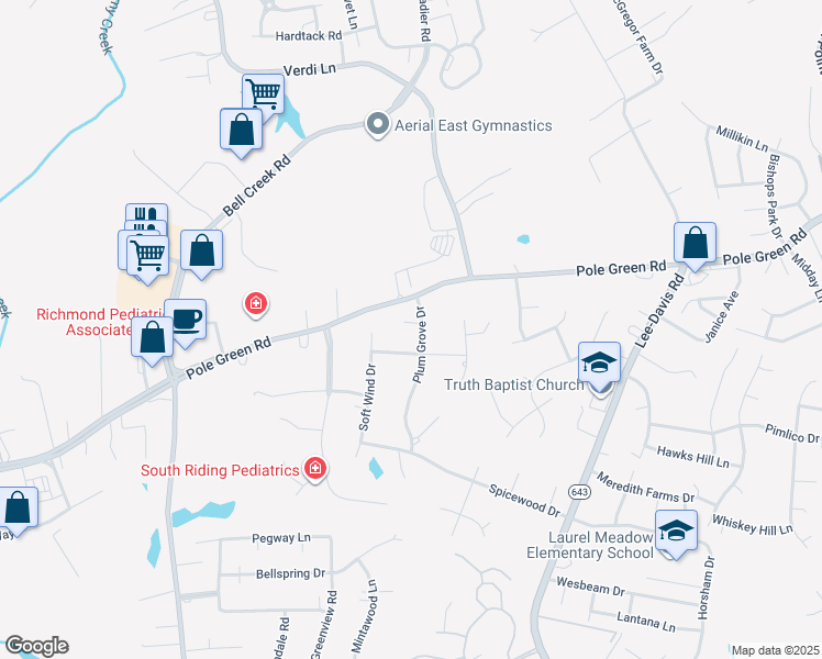map of restaurants, bars, coffee shops, grocery stores, and more near 7163 Plum Grove Court in Mechanicsville
