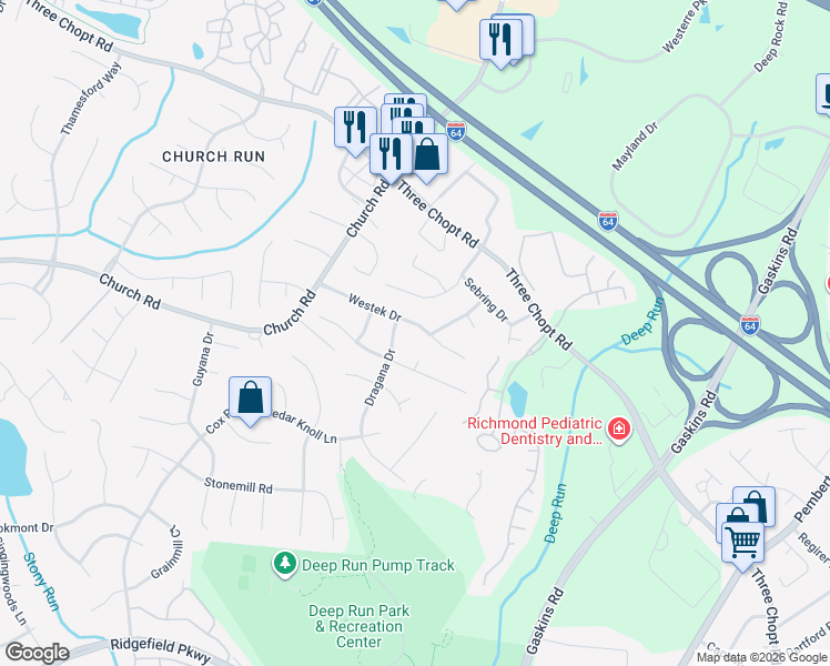 map of restaurants, bars, coffee shops, grocery stores, and more near 3007 Dragana Drive in Richmond