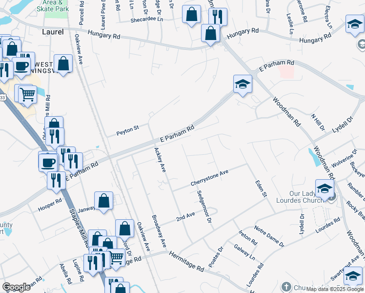 map of restaurants, bars, coffee shops, grocery stores, and more near 8705 Sedgemoor Drive in Henrico