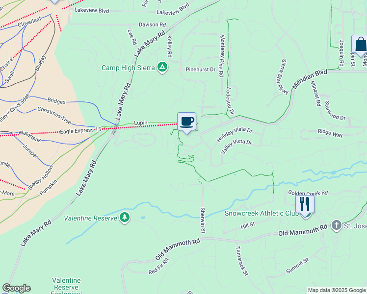 map of restaurants, bars, coffee shops, grocery stores, and more near 8 Juniper Crest in Mammoth Lakes