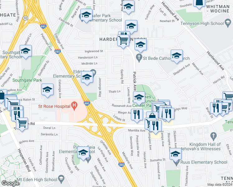 map of restaurants, bars, coffee shops, grocery stores, and more near 1338 Thais Lane in Hayward