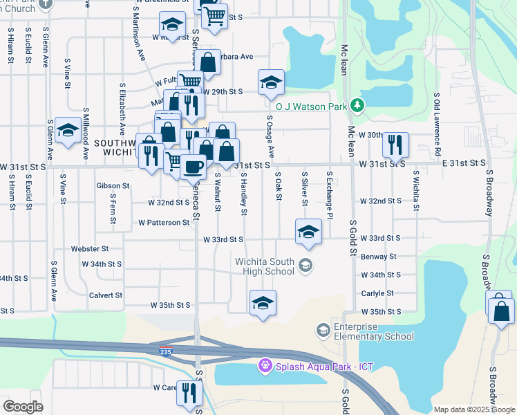 map of restaurants, bars, coffee shops, grocery stores, and more near 3301 South Osage Avenue in Wichita