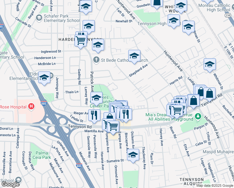 map of restaurants, bars, coffee shops, grocery stores, and more near 27350 Tampa Avenue in Hayward