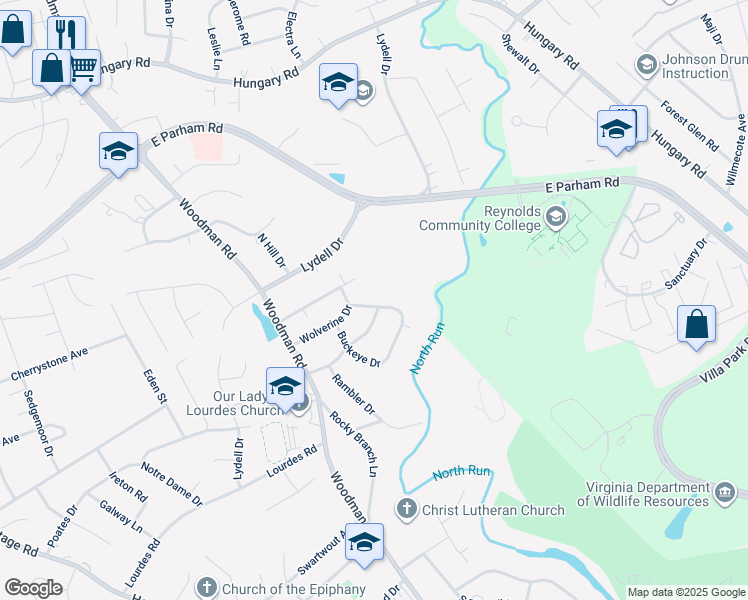 map of restaurants, bars, coffee shops, grocery stores, and more near 8313 Buckeye Drive in Richmond