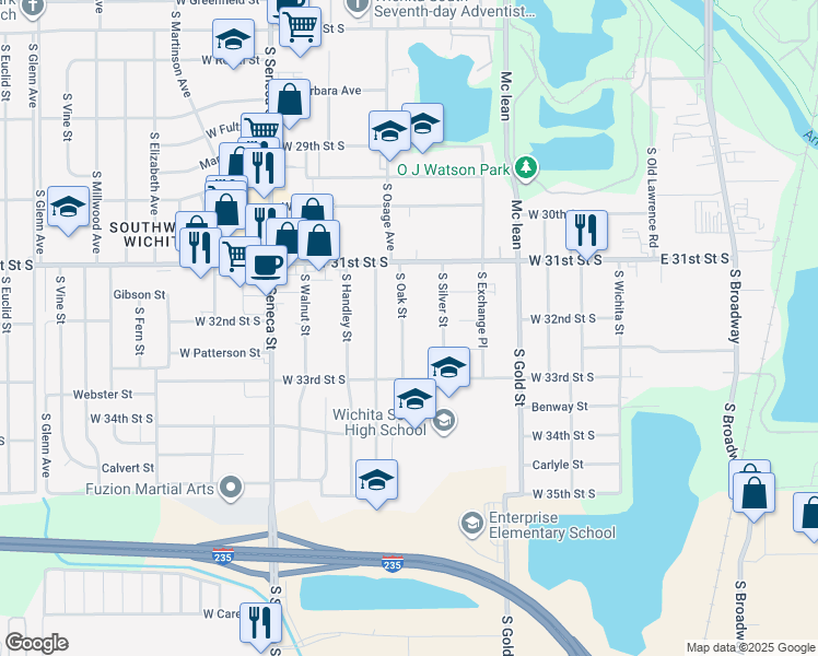 map of restaurants, bars, coffee shops, grocery stores, and more near 3310 South Oak Street in Wichita
