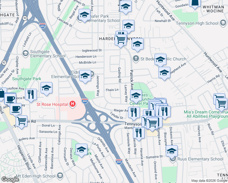 map of restaurants, bars, coffee shops, grocery stores, and more near 1328 Thais Lane in Hayward