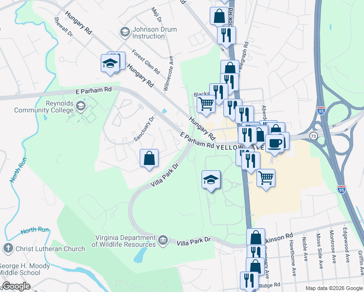 map of restaurants, bars, coffee shops, grocery stores, and more near 1308 Stone Ridge Park Loop in Henrico