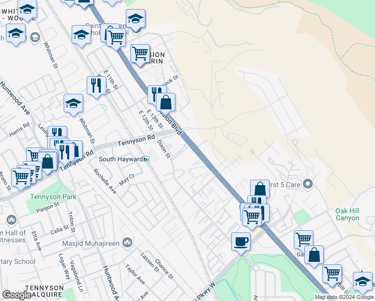map of restaurants, bars, coffee shops, grocery stores, and more near 28901 Mission Boulevard in Hayward
