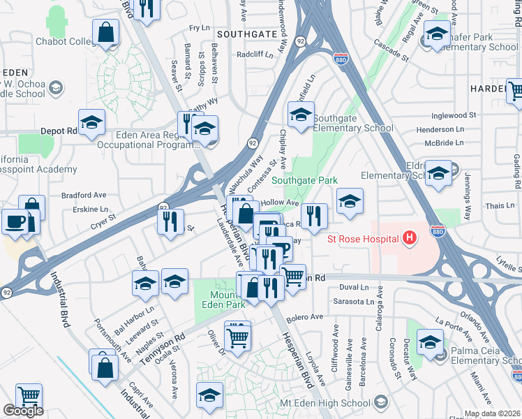 map of restaurants, bars, coffee shops, grocery stores, and more near 2118 Sleepy Hollow Avenue in Hayward