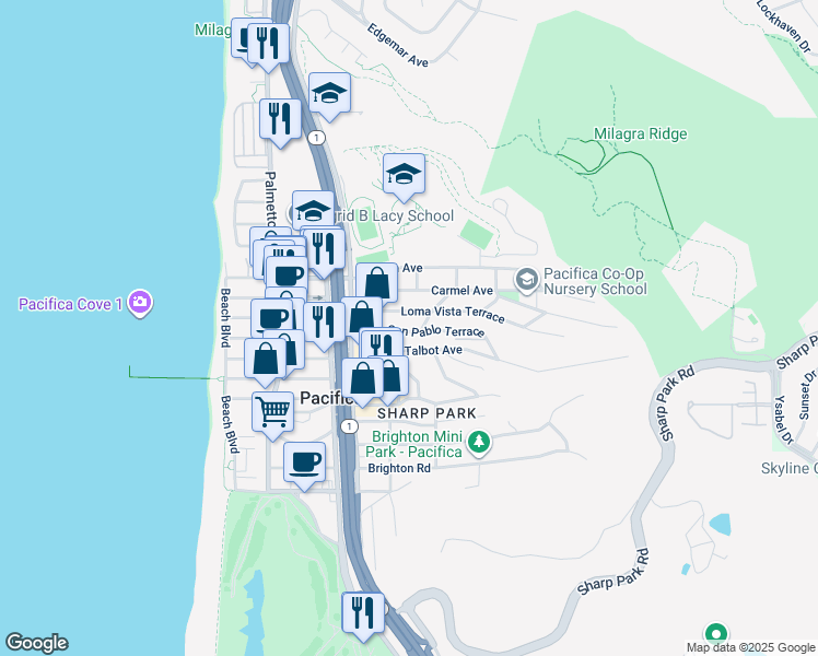 map of restaurants, bars, coffee shops, grocery stores, and more near 343 San Pablo Terrace in Pacifica