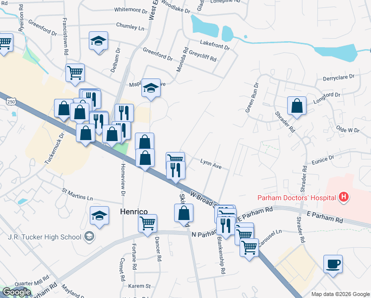 map of restaurants, bars, coffee shops, grocery stores, and more near 8502 Lynn Avenue in Richmond