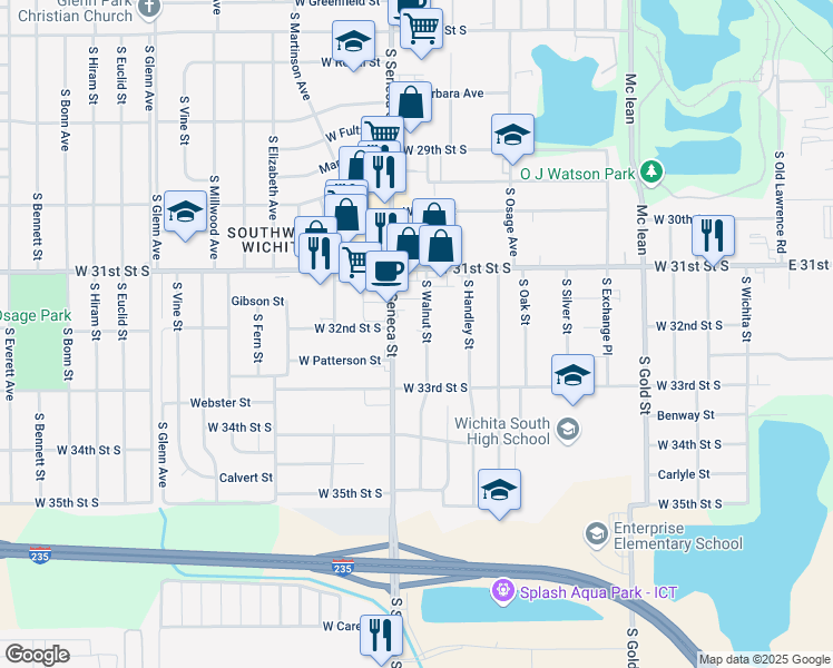 map of restaurants, bars, coffee shops, grocery stores, and more near 3301 South Walnut Street in Wichita