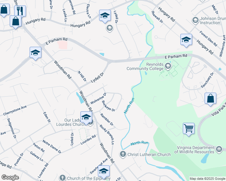 map of restaurants, bars, coffee shops, grocery stores, and more near 8313 Buckeye Drive in Richmond