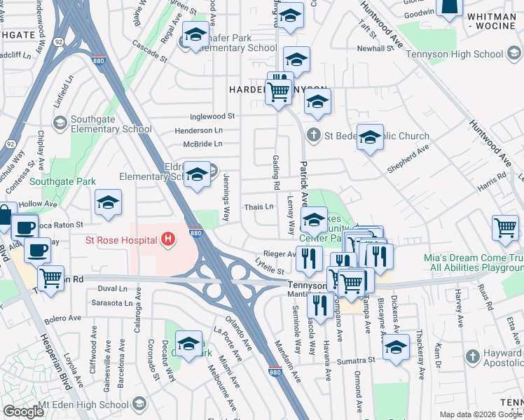 map of restaurants, bars, coffee shops, grocery stores, and more near 1338 Thais Lane in Hayward