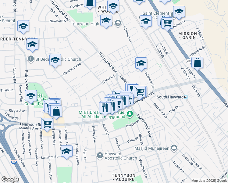map of restaurants, bars, coffee shops, grocery stores, and more near 27808 Manon Avenue in Hayward