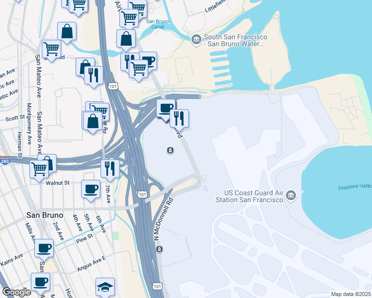 map of restaurants, bars, coffee shops, grocery stores, and more near 194 North McDonnell Road in San Francisco