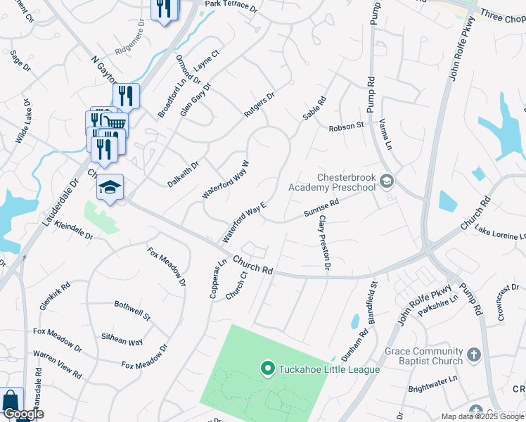 map of restaurants, bars, coffee shops, grocery stores, and more near 2825 Waterford Way East in Richmond