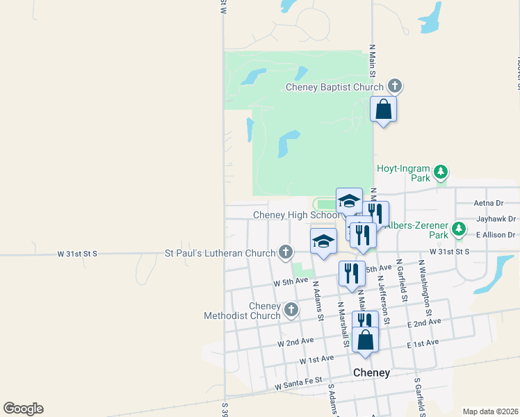 map of restaurants, bars, coffee shops, grocery stores, and more near 08 North Filmore Street in Cheney