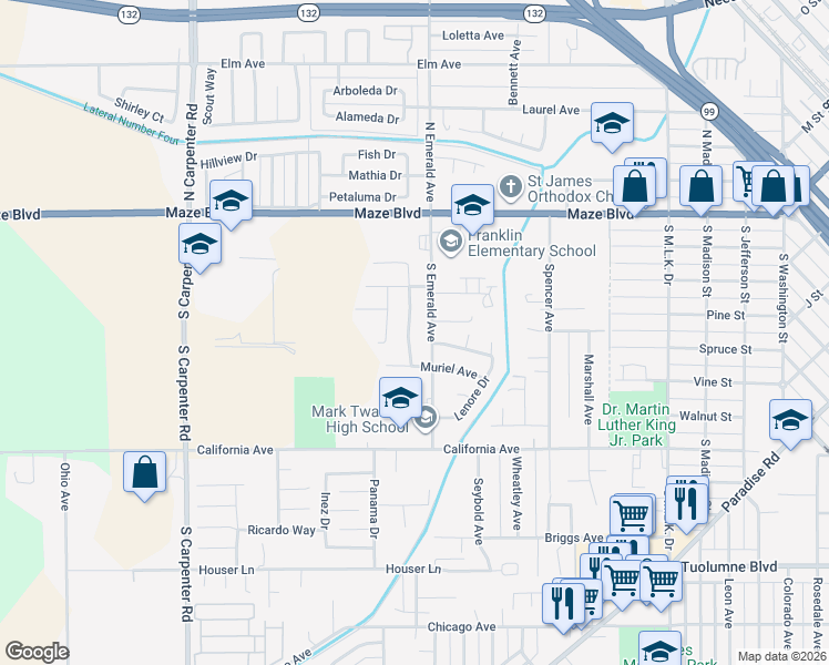 map of restaurants, bars, coffee shops, grocery stores, and more near 412 Longfellow Avenue in Modesto