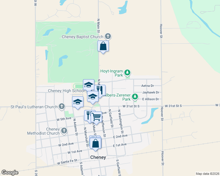 map of restaurants, bars, coffee shops, grocery stores, and more near 867-903 North Garfield Street in Cheney