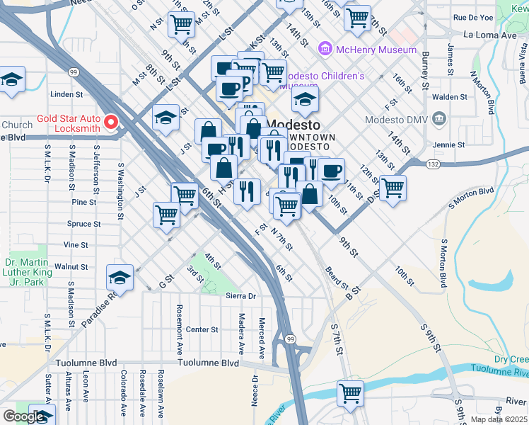 map of restaurants, bars, coffee shops, grocery stores, and more near 616 7th Street in Modesto
